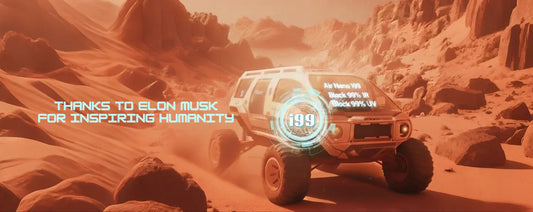 Off-road vehicle on a rocky desert landscape with text thanking Elon Musk for inspiring humanity.