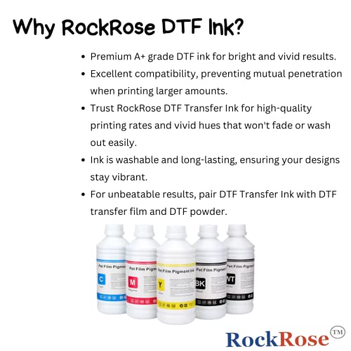 RockRoseβ’ DTF Transfer Ink β CMYK & White | Fast-Drying, Washable Ink for Dark & Light Fabrics