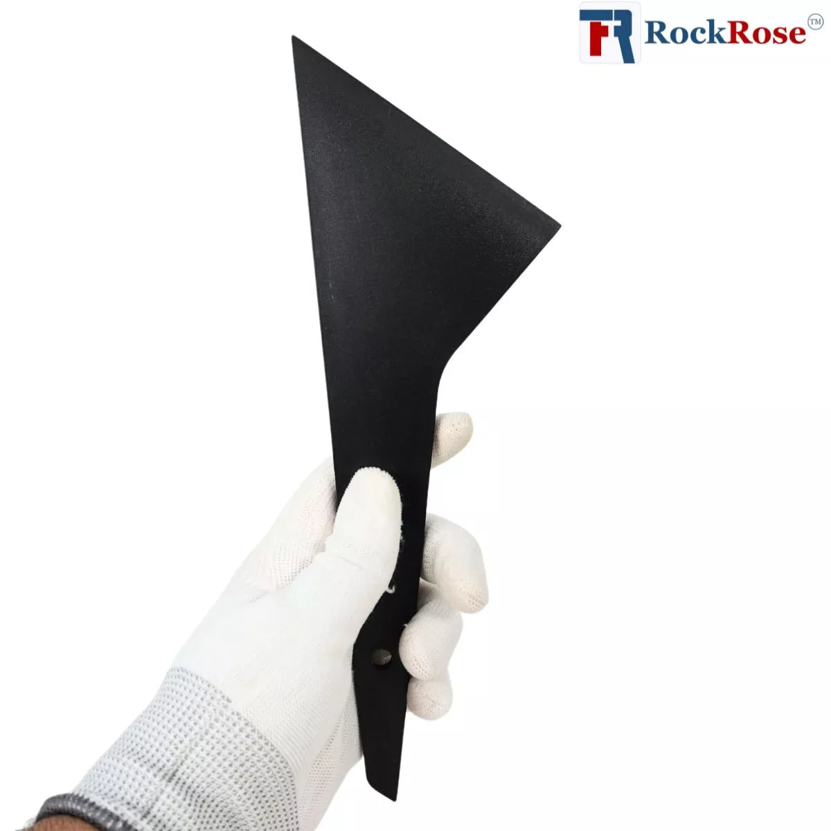 Black Quick Foot Long-Reach Squeegee held by a gloved hand on a white background with RockRose logo.