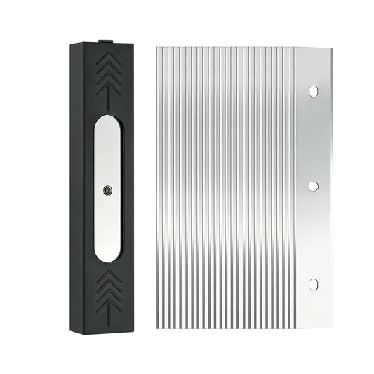 Black and stainless metal baldes components on a white background