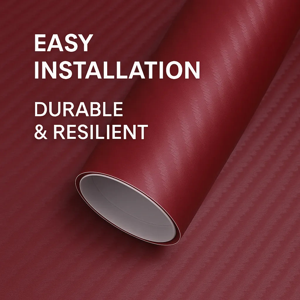 Rolled sheet of 3D burgundy carbon fiber vinyl with a matte textured finish, highlighting easy installation and durable, resilient qualities