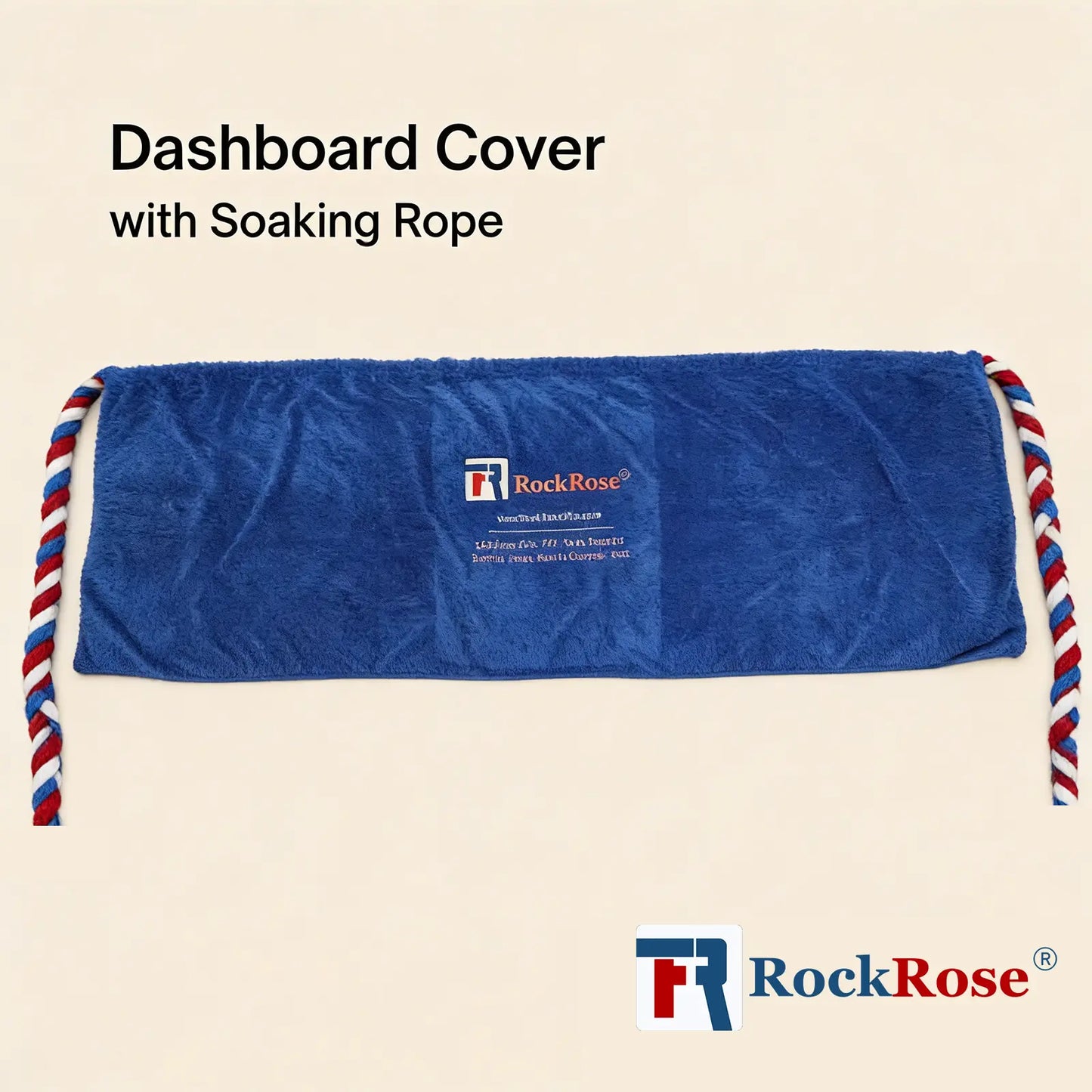 Blue dashboard cover with soaking rope on a beige background, featuring RockRose logo.