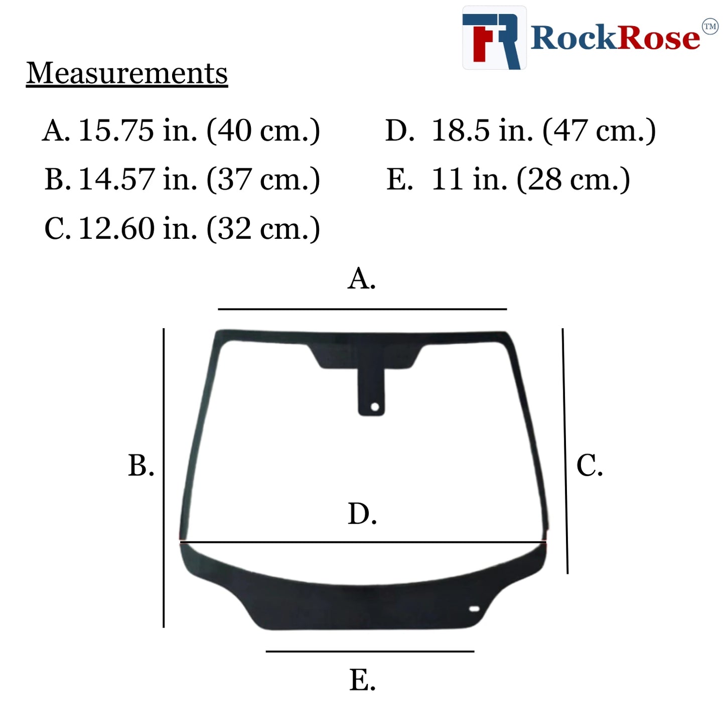 Measurement Demonstration Windshield Glass Model for a product with labeled dimensions and RockRose logo.
