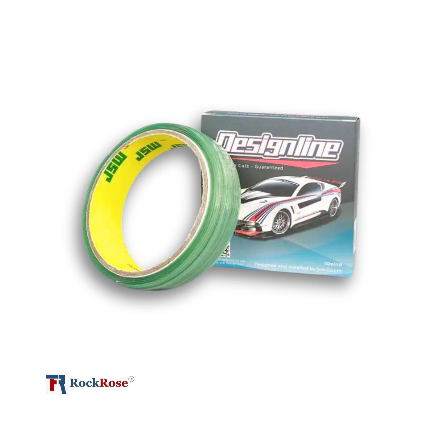 Green tape with yellow center next to a Designline product packaging on a white background
