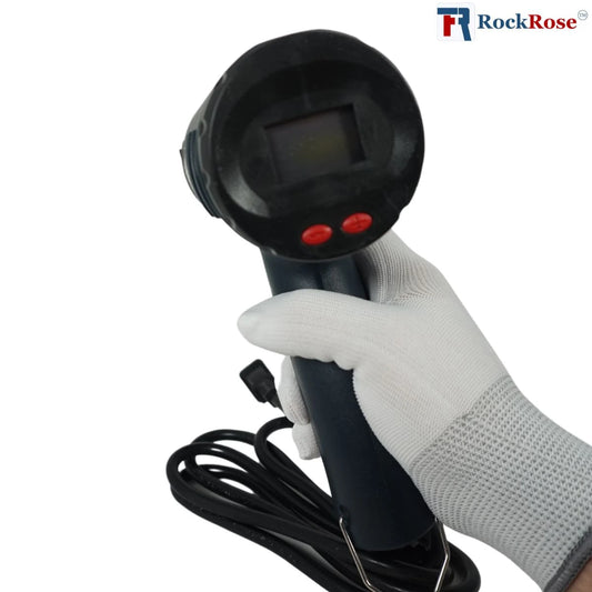 LCD Digital Heat Gun 1800W with a digital display and red buttons, held by a gloved hand on a white background.