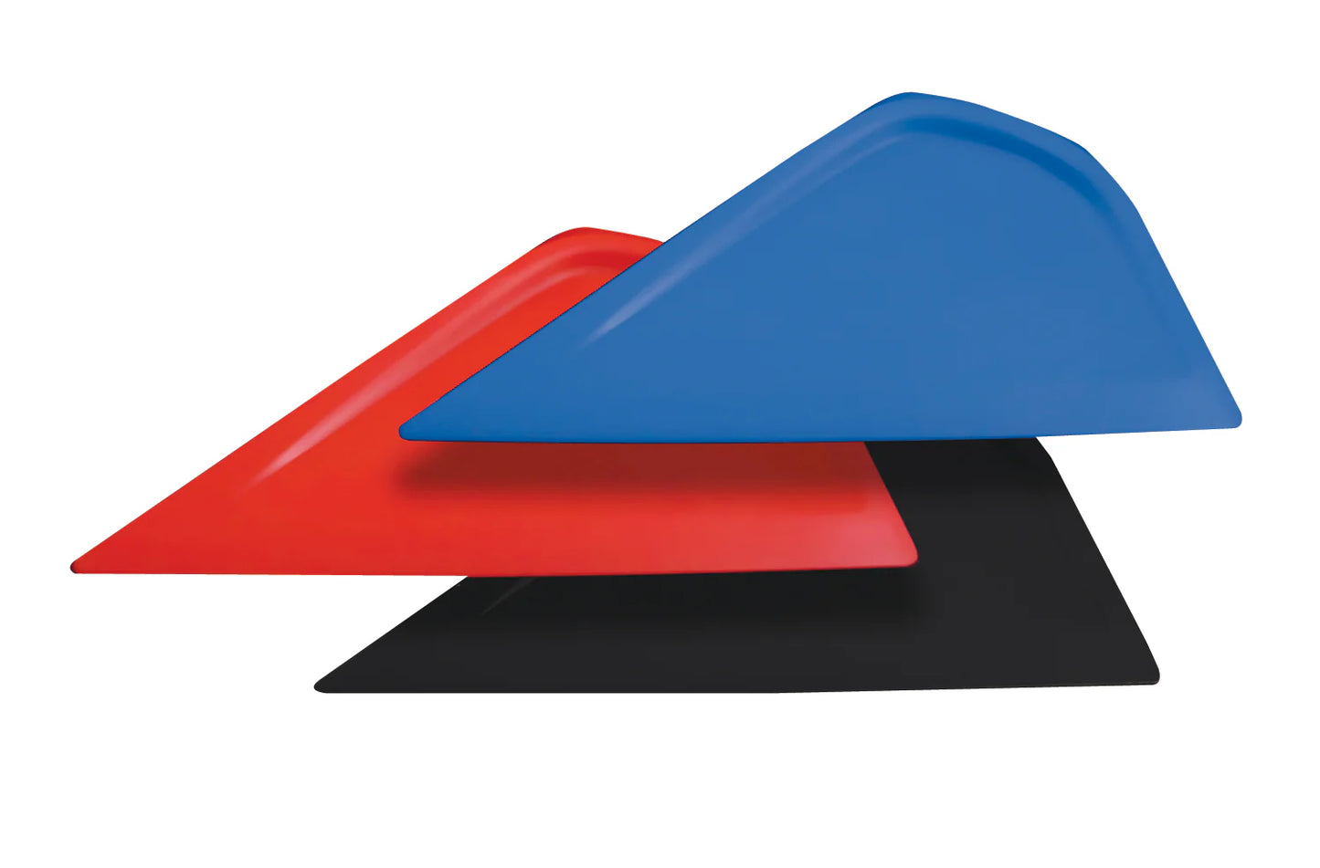 Three wedge-shaped tool accessories in red, blue, and black colors for ppf