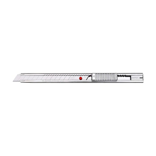 A silver metal utility knife with a red button and textured grip handle, shown horizontally against a plain white background.