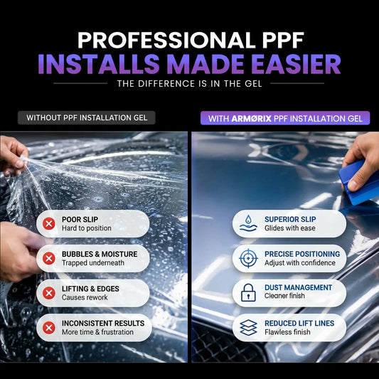 Comparison of PPF installation with and without Armorix PPF installation gel on a car surface.