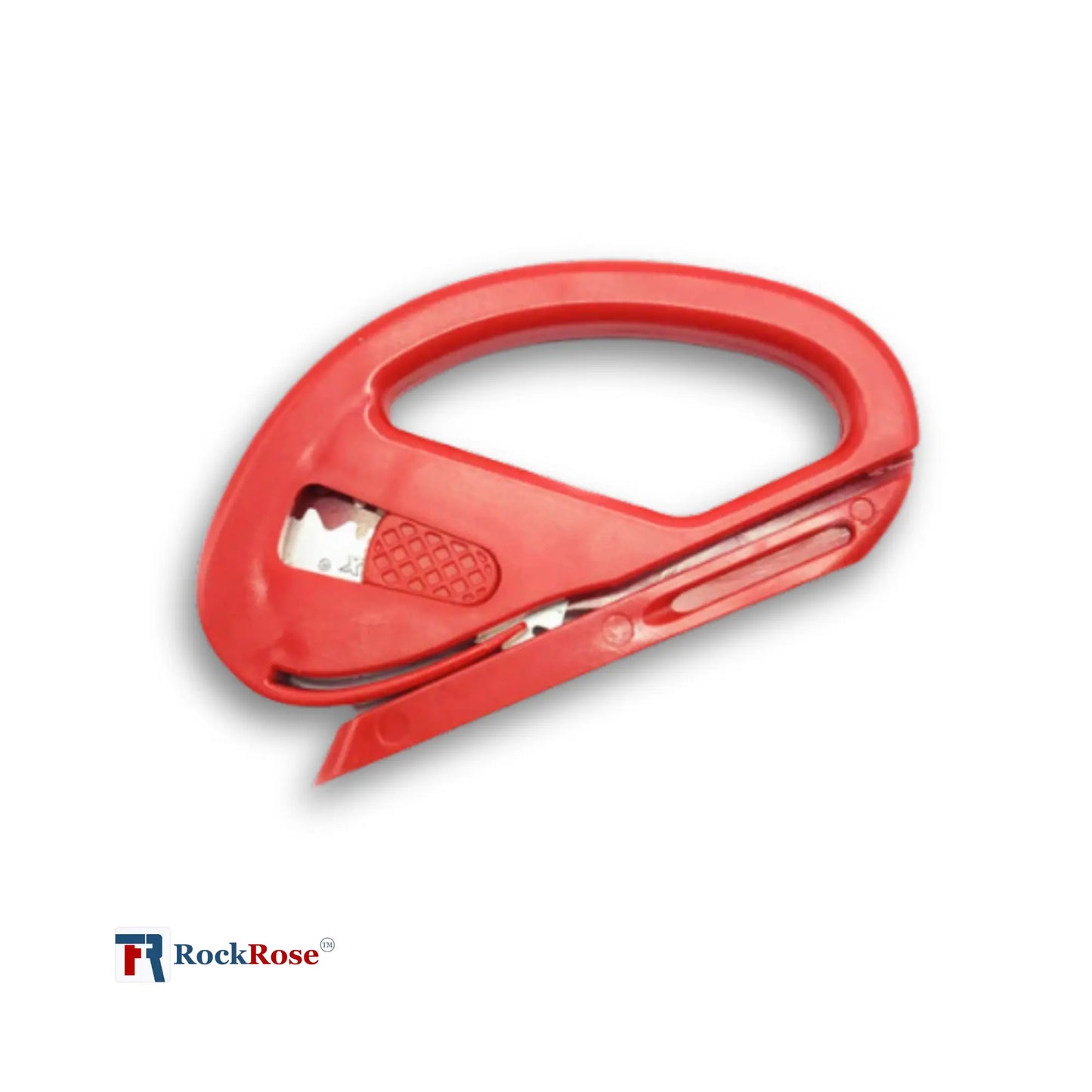Red RockRose Safety Film Cutter – Shielded Blade Tool with knife on a white background, featuring the RockRose logo.