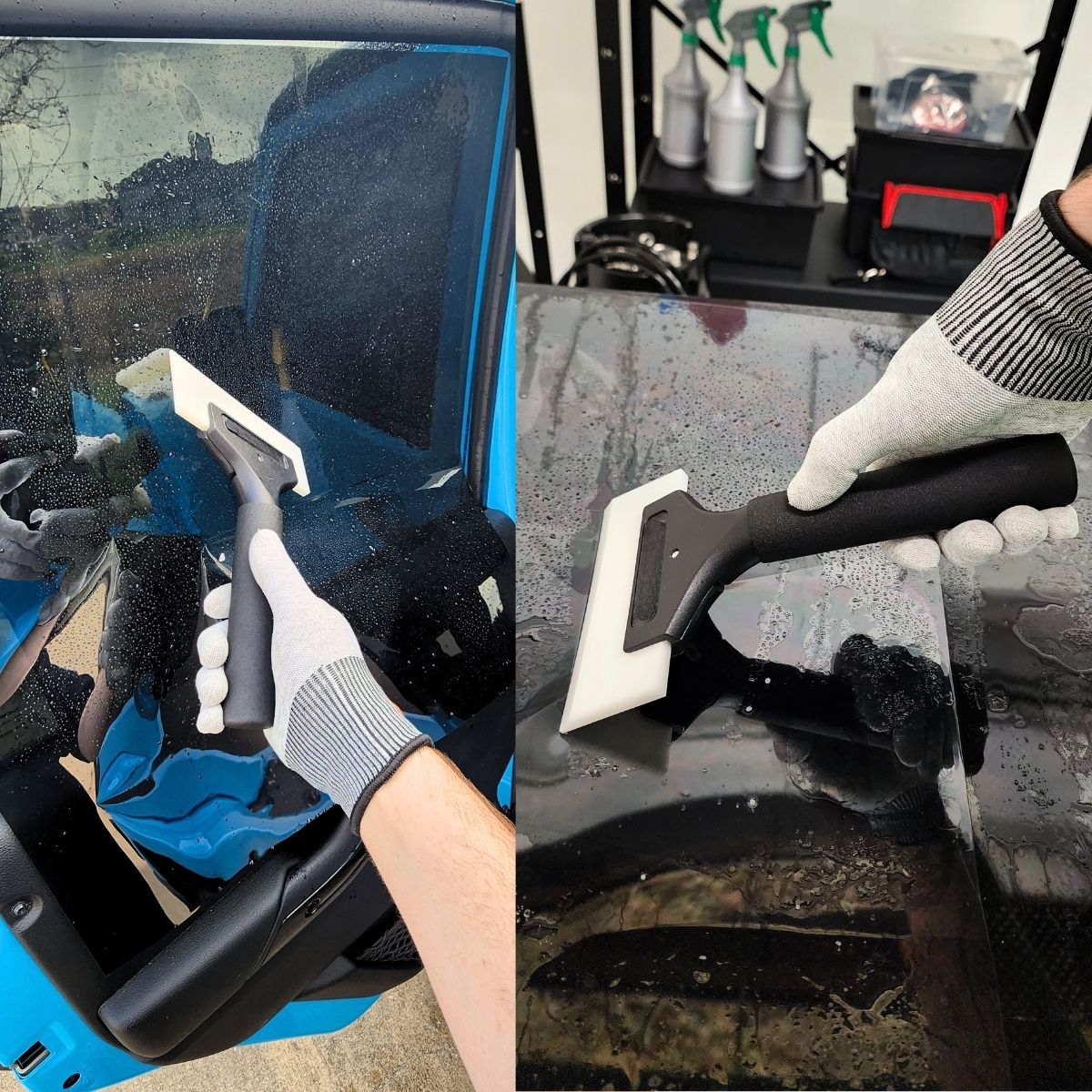 Using a black squeegee tool on a tint