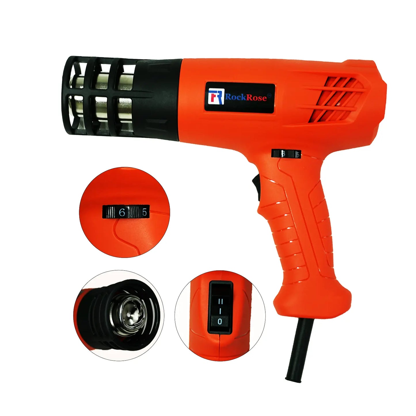 Orange heat gun with black accents on a white background, featuring the RockRose brand.