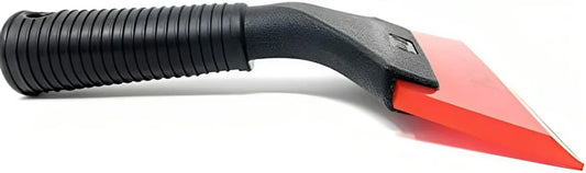 Red Car windshield scraper with black handle and red blade on a white background