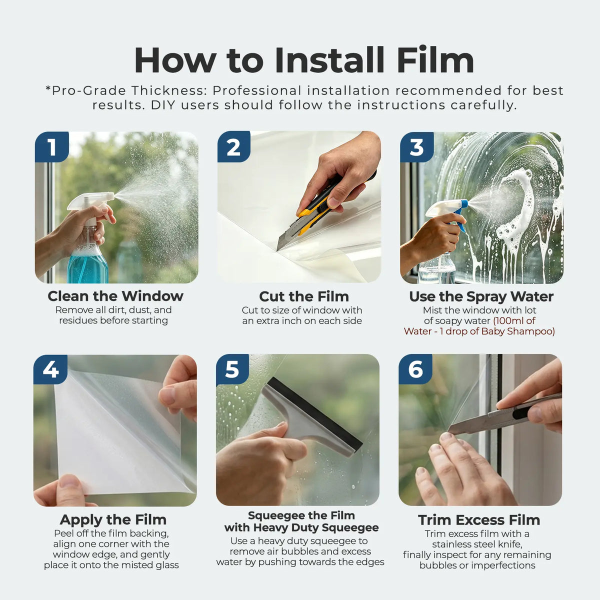 A 6-step installation guide titled 'How to Install Film' with numbered panels showing hands applying adhesive film to a window. The image includes text instructions and small photos of a person's hands performing each step on a light gray background.