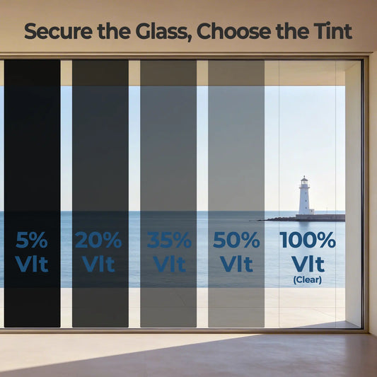 A large glass window or door with tinted vertical tint strips shown in five labeled color/opacity options: 5% Vlt, 20% Vlt, 35% Vlt, 50% Vlt, and 100% Vlt (Clear). The image includes the headline 'Secure the Glass, Choose the Tint' and a lighthouse view visible through the clear strip.