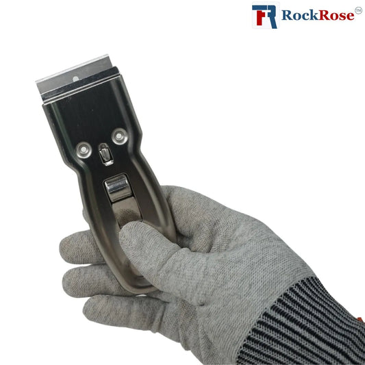 Steel Razor Scraper held in a gray glove with RockRose logo in the corner