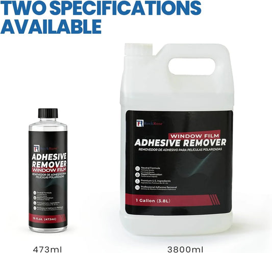 Two sizes specification of adhesive remover bottles with labels on a white background.