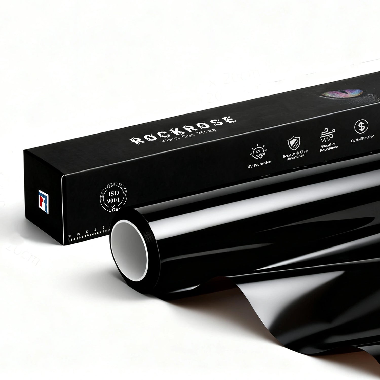 RockRose Gloss Black Vinyl Wrap roll and packaging – premium car wrap film with UV protection, scratch resistance, and durable piano finish.