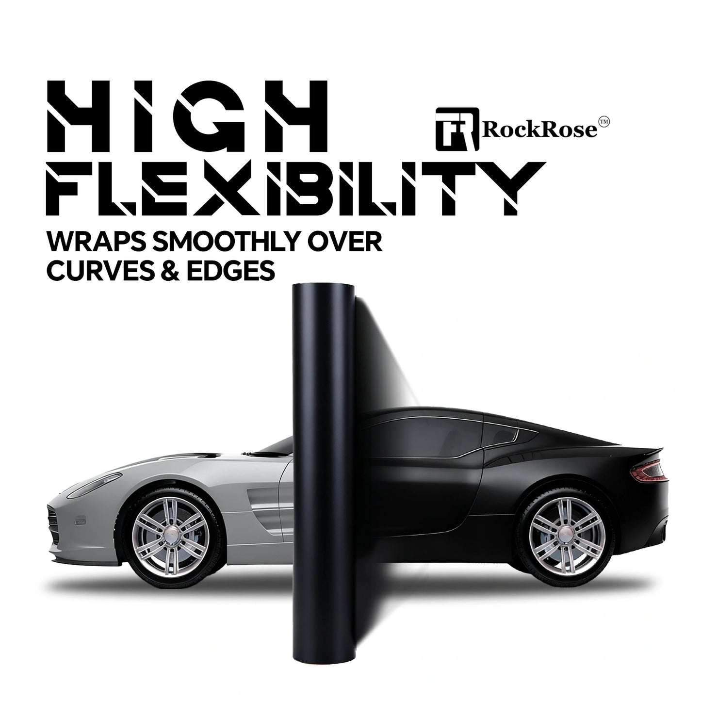 RockRose Matte Black Vinyl Wrap showing high flexibility – wraps smoothly over curves and edges for a seamless professional finish.