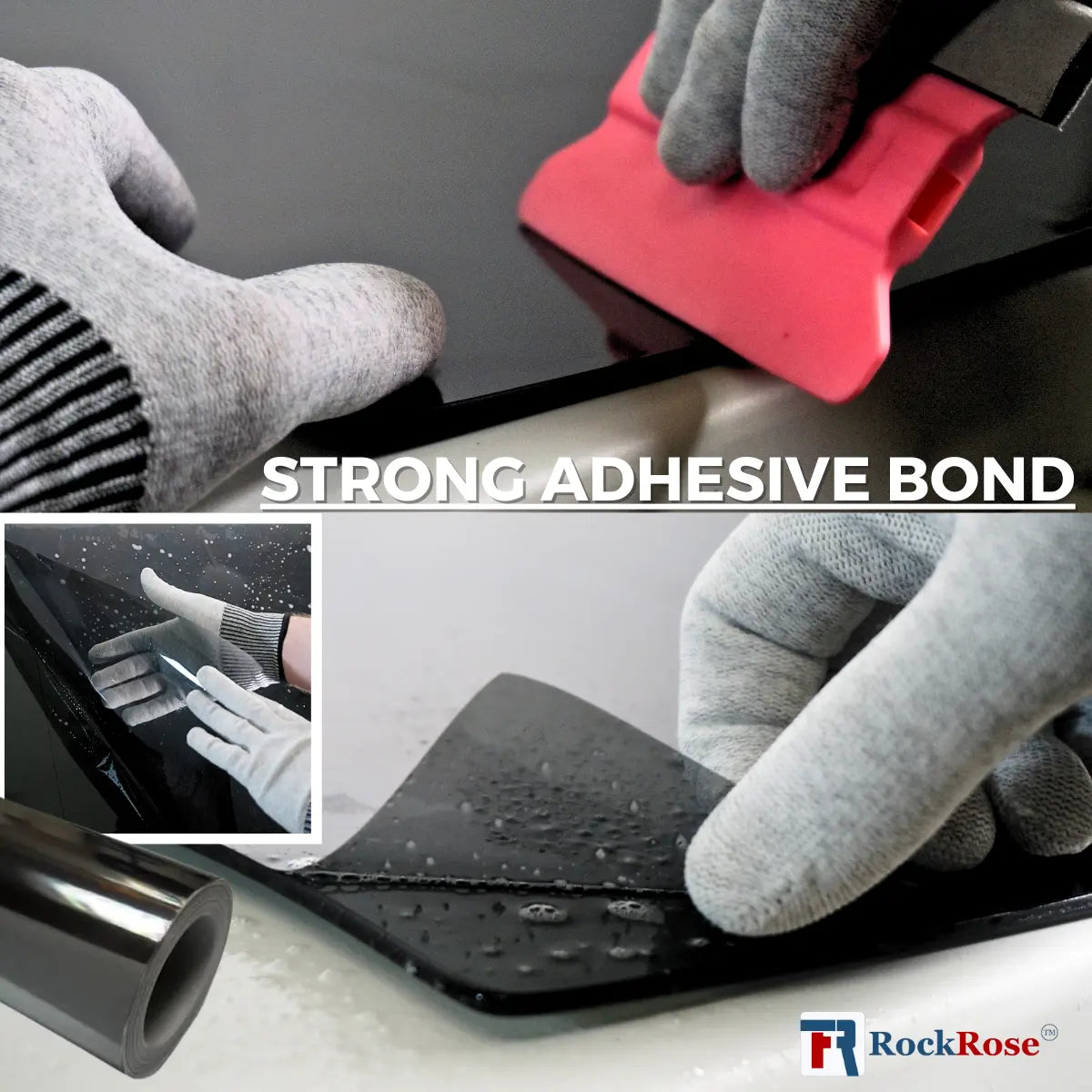 Person applying a clear adhesive film to a surface with text 'Strong Adhesive Bond' and RockRose logo.