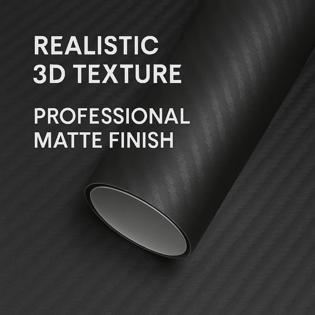 3D carbon fiber vinyl wrap roll showing realistic 3D texture and professional matte finish.