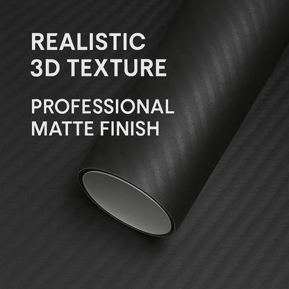 3D carbon fiber vinyl wrap roll showing realistic 3D texture and professional matte finish.