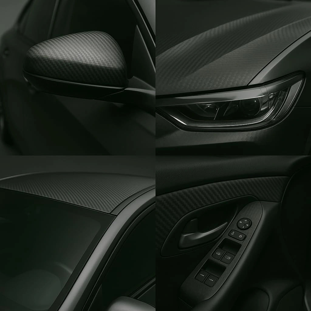 Examples of 3D vinyl wrap matte applied on car surfaces including mirror, roof, and dashboard.