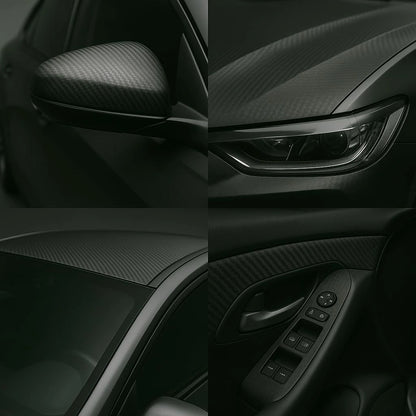 Examples of 3D vinyl wrap matte applied on car surfaces including mirror, roof, and dashboard.