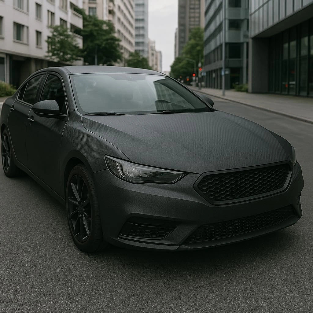 Car fully wrapped with matte 3D carbon fiber vinyl, demonstrating smooth and professional exterior finish.