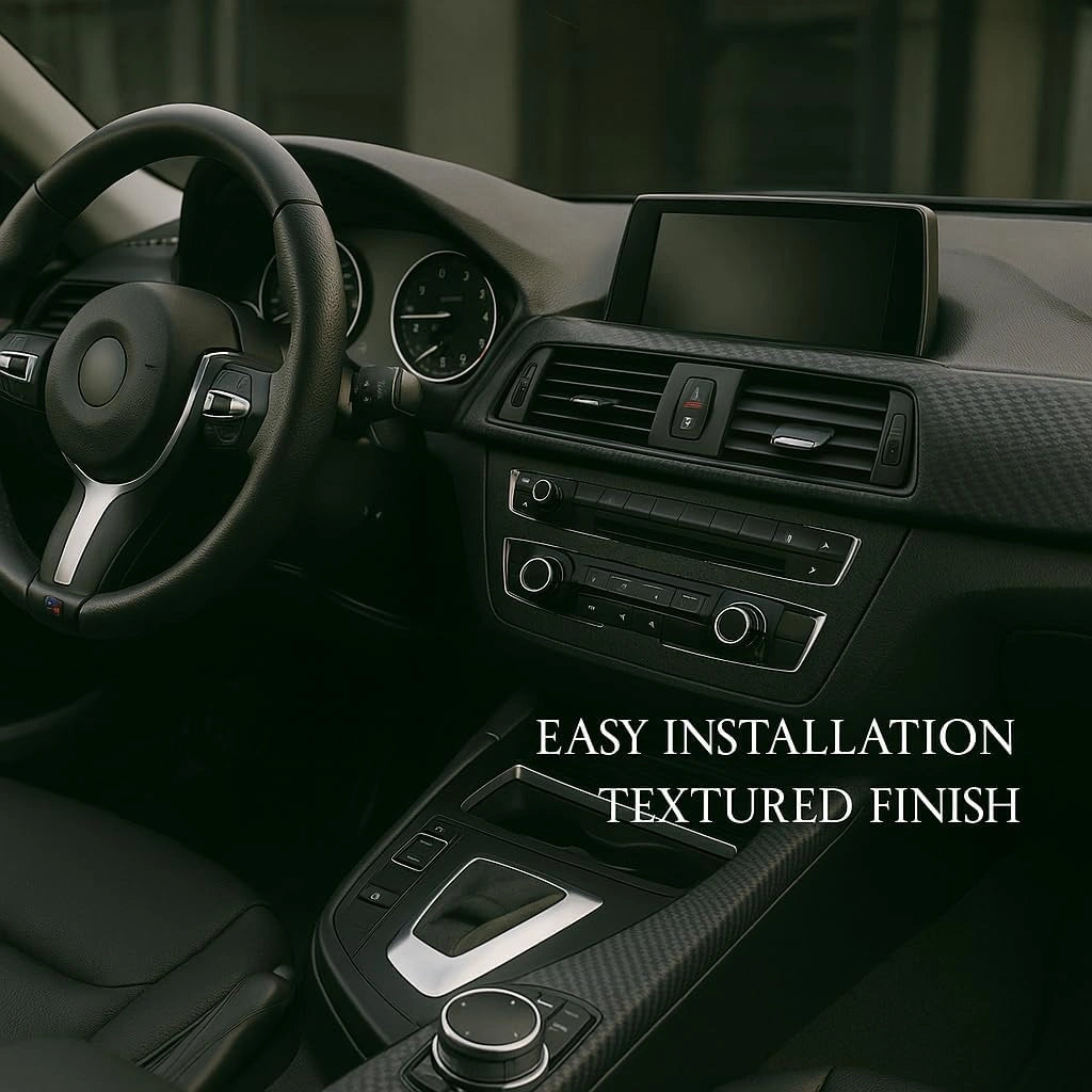 Car interior covered with 3D matte vinyl wrap, highlighting easy installation and textured finish.