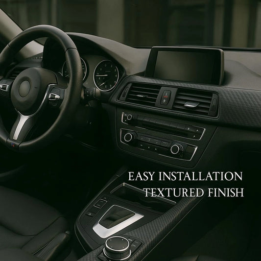 Car interior covered with 3D matte vinyl wrap, highlighting easy installation and textured finish.