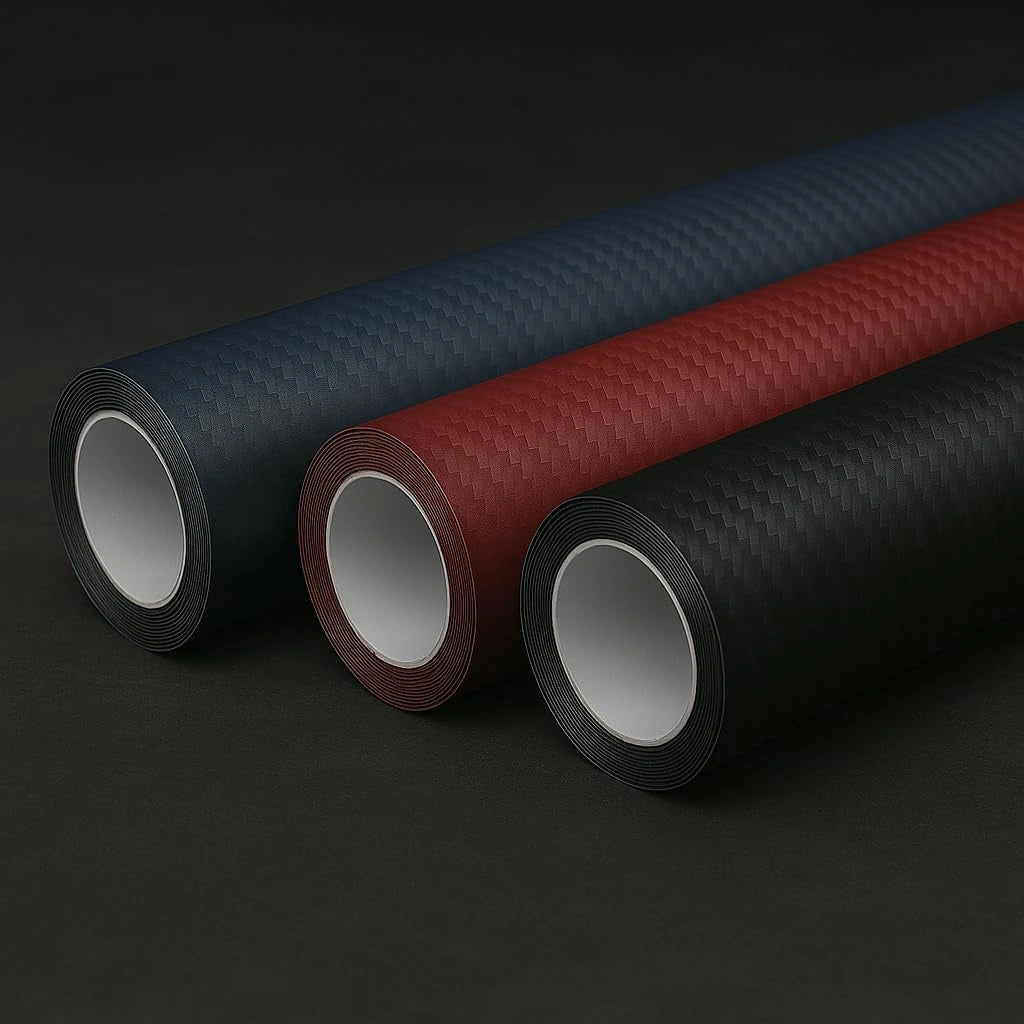 Three 3D carbon fiber vinyl wrap rolls in matte finish showing available colors: black, red, and blue.