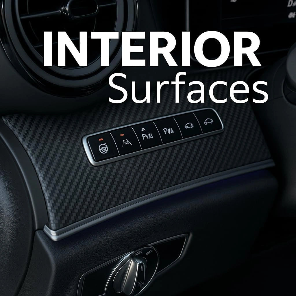 Close-up of 3D carbon fiber matte vinyl wrap applied on car interior dashboard with control buttons.