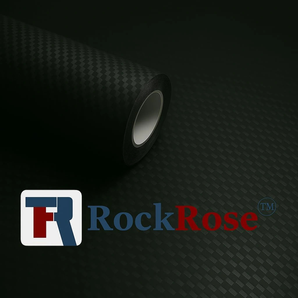 3D carbon fiber vinyl wrap matte roll with RockRose logo displayed on dark background.