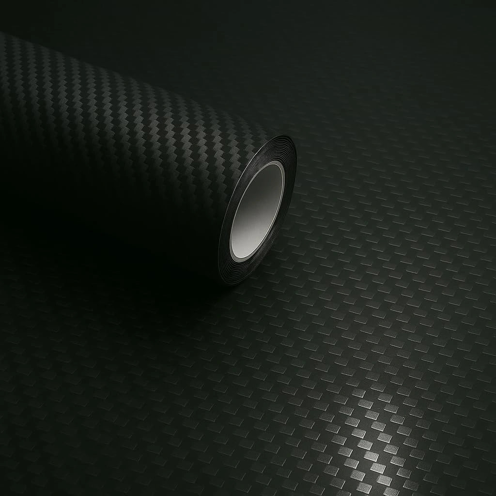 Close-up of a 3D carbon fiber vinyl wrap matte roll showing realistic textured finish.