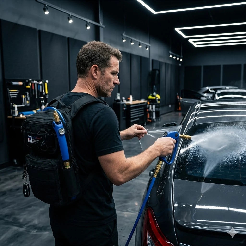 A man in a black t-shirt and black backpack sprays a dark gray car with a hose in a modern garage setting.