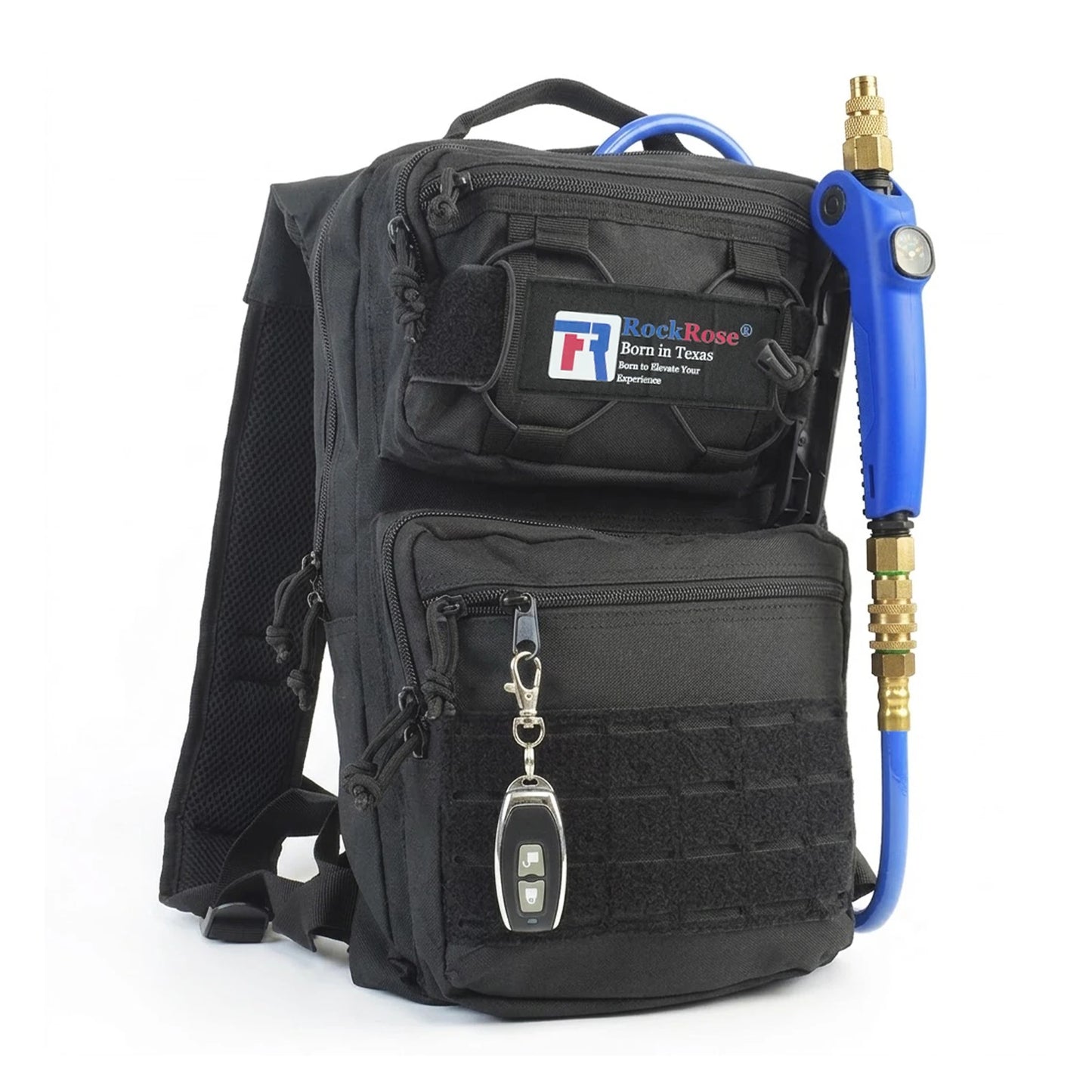 A black RockRose backpack with a blue and brass air hose attached on the side, photographed against a plain white background.