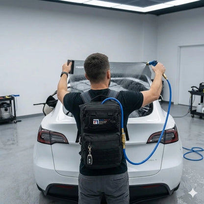 A man wearing a black tactical backpack with a blue water hose attached to it, washing the back of a white car in a clean indoor garage setting.