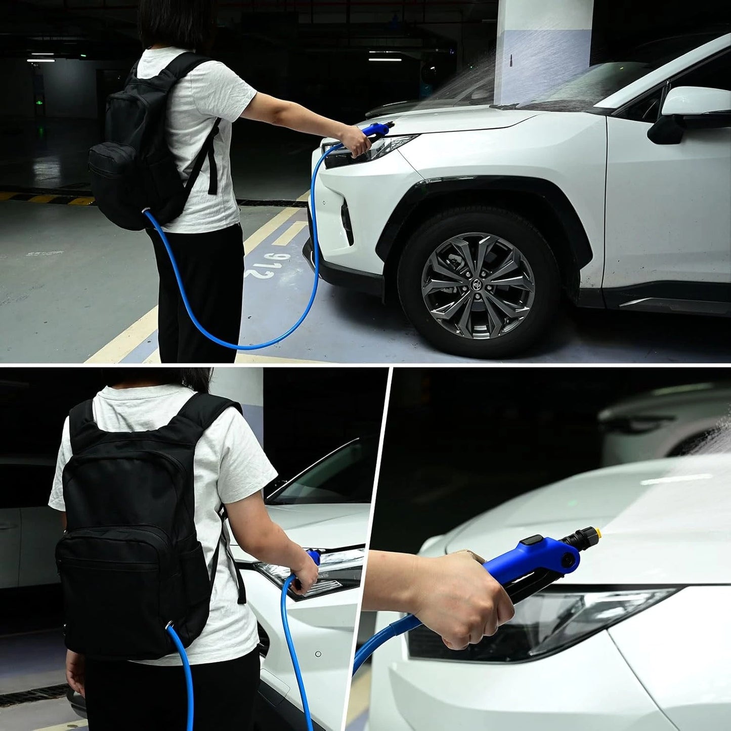 A three-panel collage showing a person in a parking garage using a blue handheld car cleaner connected to a white SUV. The top panel shows the person from the back wearing a black backpack with the blue hose running through it.