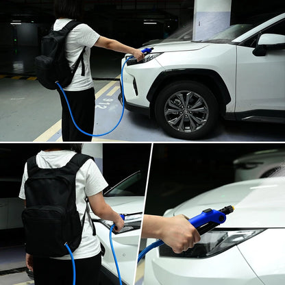A three-panel collage showing a person in a parking garage using a blue handheld car cleaner connected to a white SUV. The top panel shows the person from the back wearing a black backpack with the blue hose running through it.