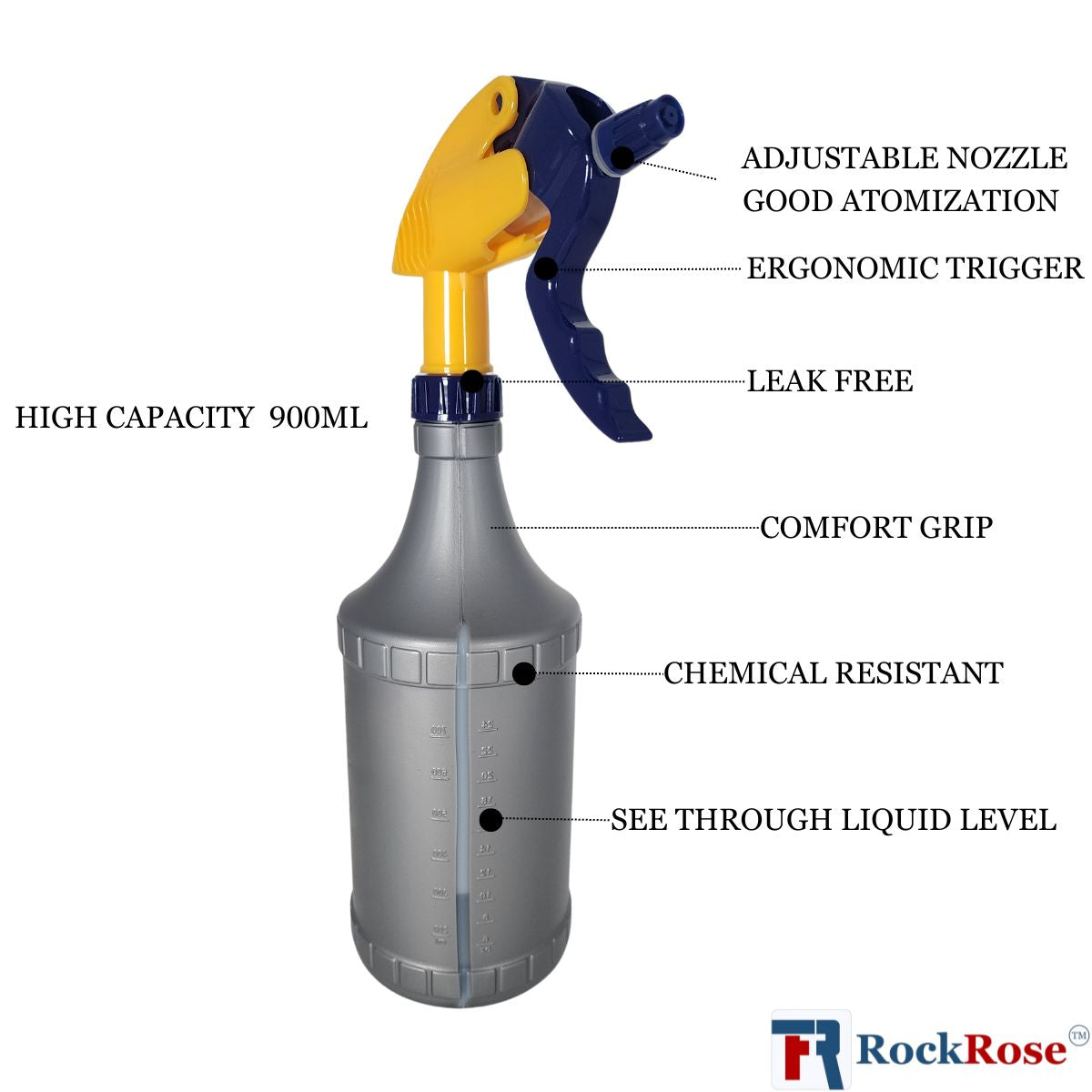 RockRose Pressure Sprayer Bottle for Household Cleanings - Adjustable Nozzle Chemical Spray Pump with Atomization Acid & Alkali-Resistant - Garden Sprayer with Plastic Pump Lever - 900 ml