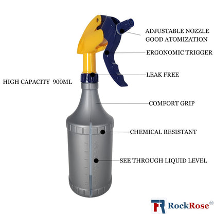 RockRose Pressure Sprayer Bottle for Household Cleanings - Adjustable Nozzle Chemical Spray Pump with Atomization Acid & Alkali-Resistant - Garden Sprayer with Plastic Pump Lever - 900 ml