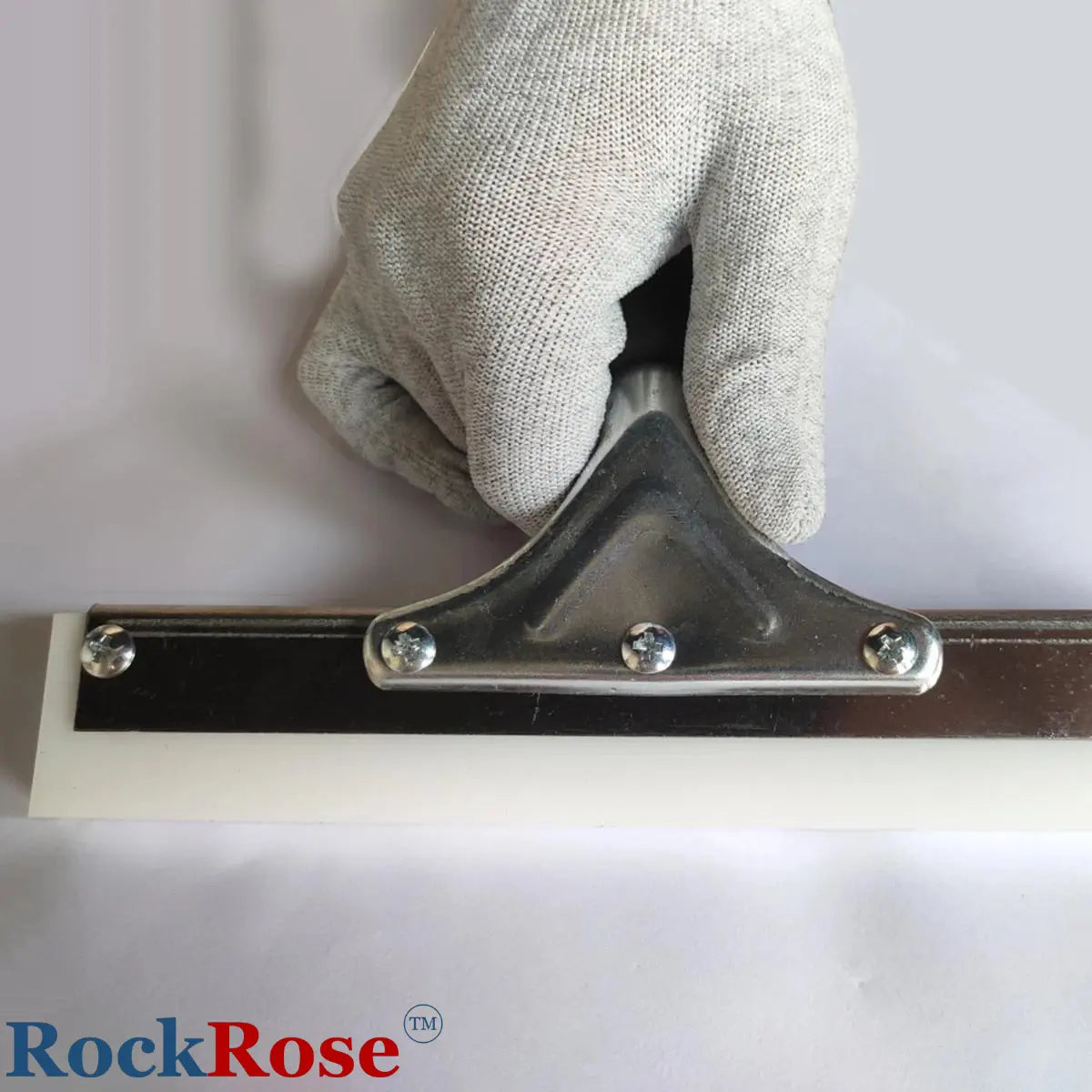 8-Inch Pro Squeegee with a gloved hand holding it, on a white background with RockRose logo.