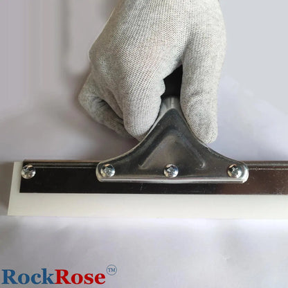 8-Inch Pro Squeegee with a gloved hand holding it, on a white background with RockRose logo.