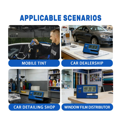 Scenarios where a digital  Window Tint & Solar Film Transmission Meter is used, including mobile tinting, car dealership, car detailing shop, and window film distributor.
