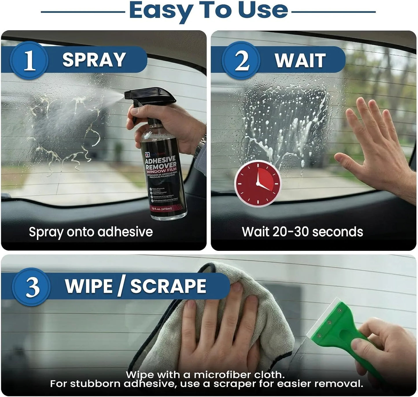 Step-by-step guide on how to use a car window film removal product.