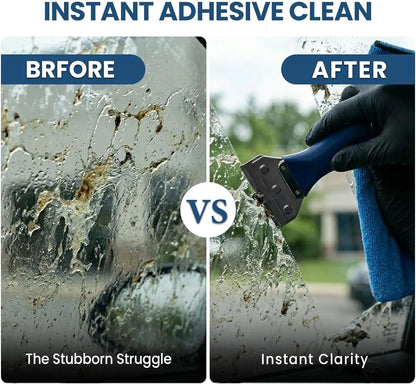 Before-and-after comparison for an instant adhesive clean product, showing a dirty, streaked window on the left labeled 'Before' and a clean, clear window on the right labeled 'After' with a gloved hand using a scraper tool.