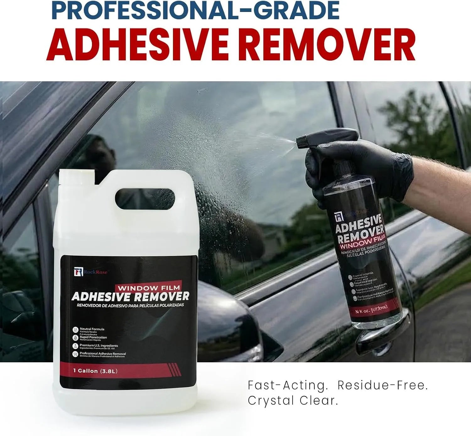 A white plastic bottle and a black spray can of adhesive remover shown in front of a car window, with a gloved hand spraying the product. Large text at the top reads 'PROFESSIONAL-GRADE ADHESIVE REMOVER' and smaller text at the bottom says 'Fast-Acting.