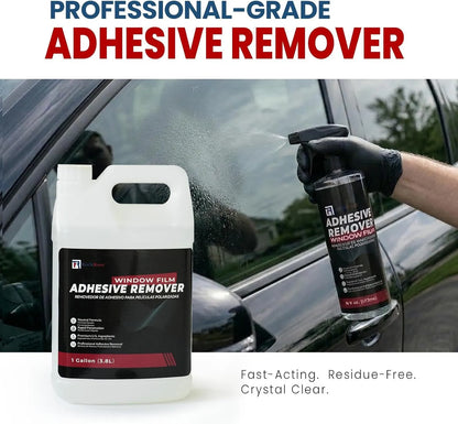 A white plastic bottle and a black spray can of adhesive remover shown in front of a car window, with a gloved hand spraying the product. Large text at the top reads 'PROFESSIONAL-GRADE ADHESIVE REMOVER' and smaller text at the bottom says 'Fast-Acting.