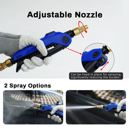 Blue and black adjustable high-pressure water spray nozzle with brass fittings, shown with a gloved hand and feature callouts including 'Adjustable Nozzle' and '2 Spray Options'.