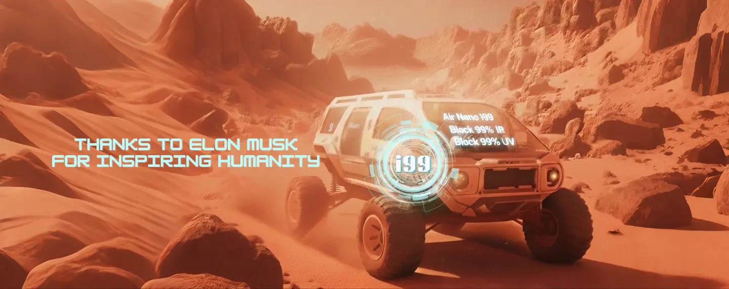 Off-road vehicle on a rocky desert landscape with text thanking Elon Musk for inspiring humanity.